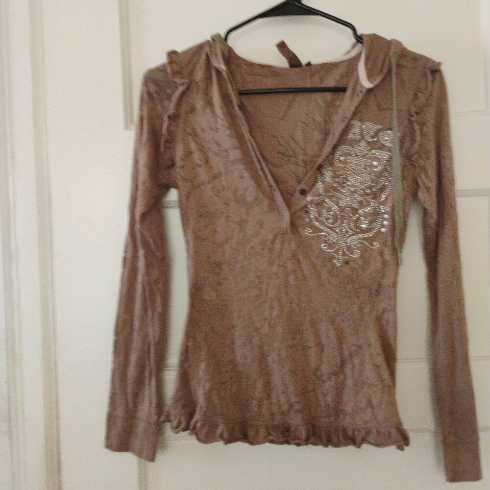 Desigual Tan Long Sleeve Blouse with Silver Embellishments